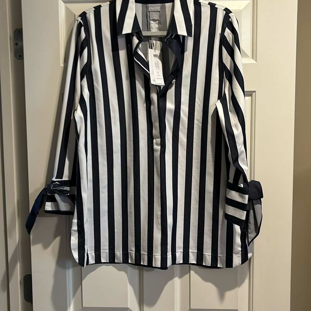 Chicos navy bow cuff stripe tunic
